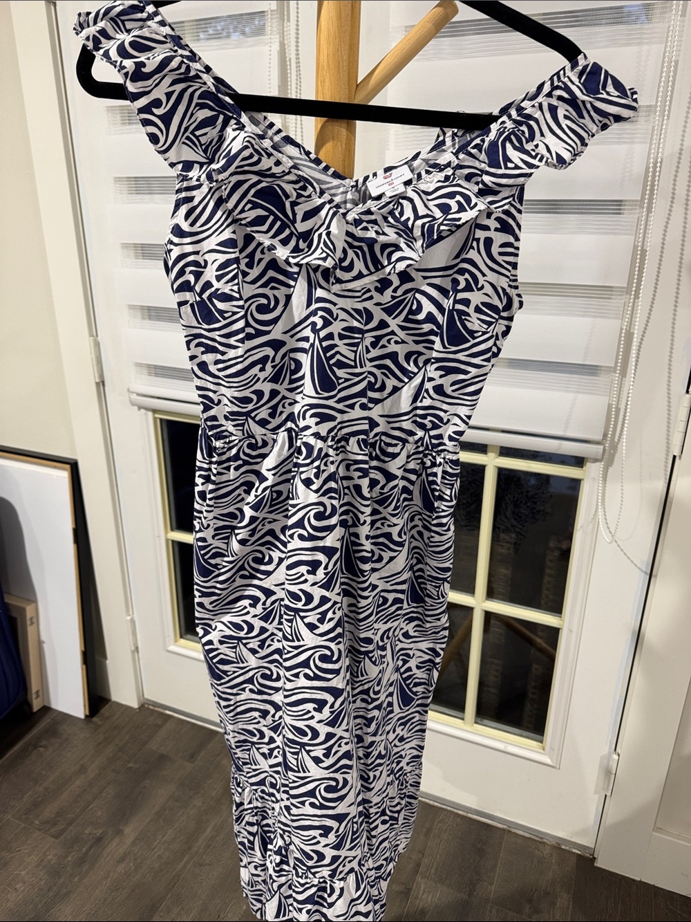 Vineyard Vines Navy and White Printed Ruffle-Shoulder Midi Dress - Picture 2 of 3